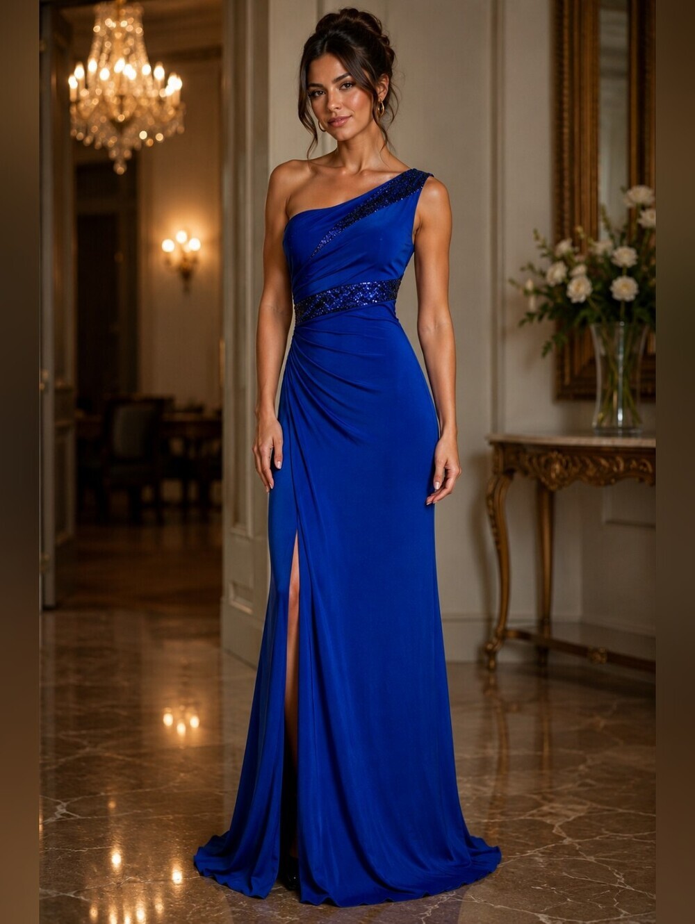 Hailey Logan By Adrianna Propell Royal Blue One Shoulder Gown